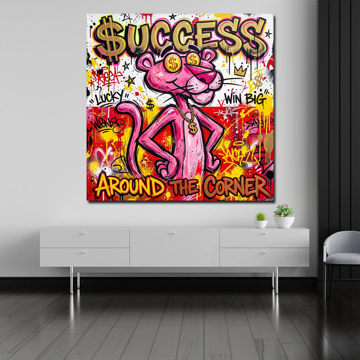 Quadro quadrato felino rosa Graffiti appeso in soggiorno