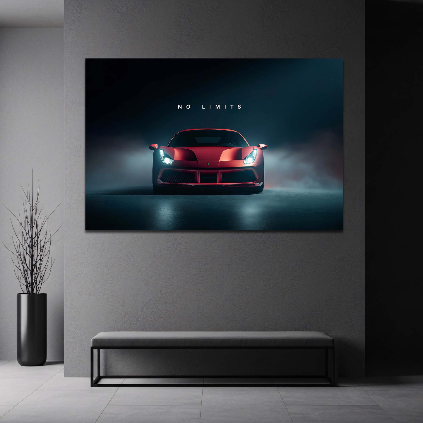 Ferrari rossa No Limits frontale in luce drammatica quadro