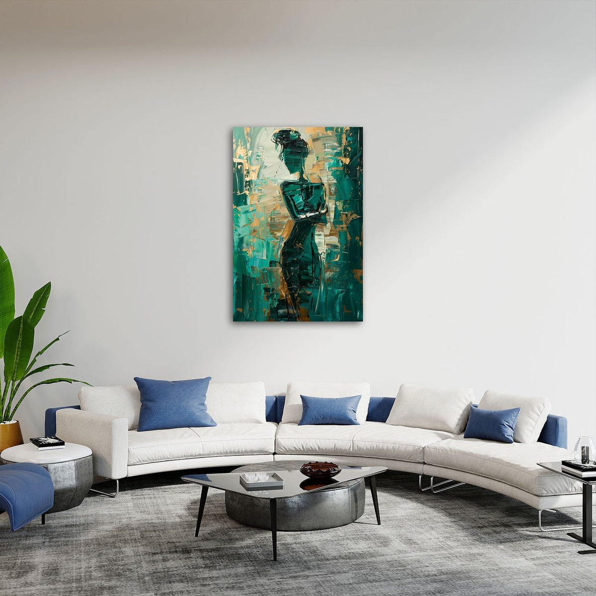 Quadro figura femminile verde e oro in soggiorno