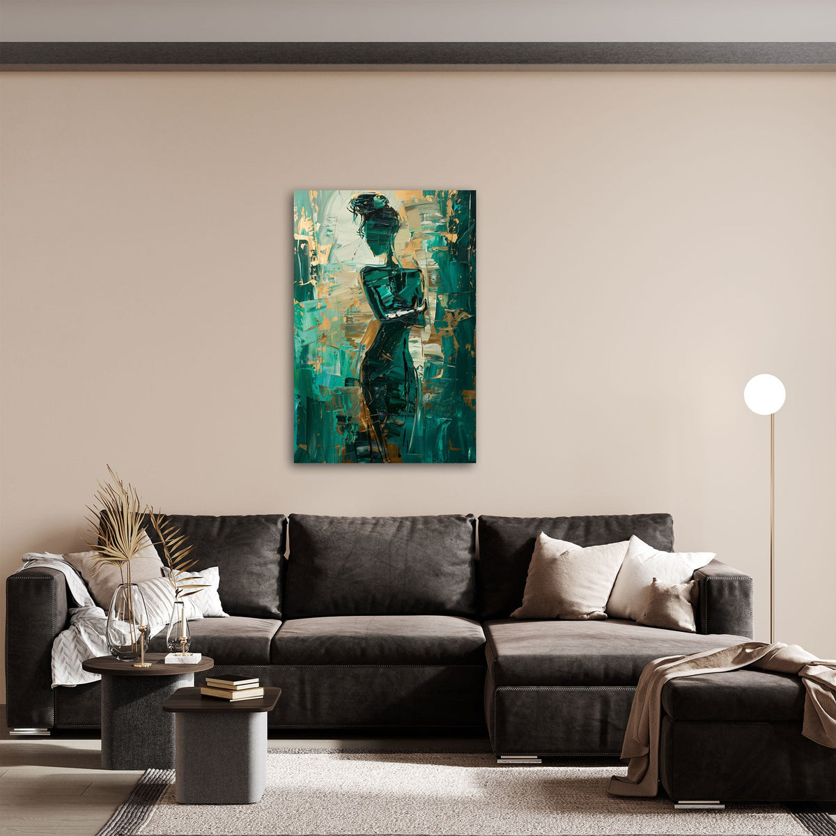 Quadro figura femminile verde e oro ambientato