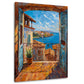 Finestra aperta con vista sul mare e sul borgo quadro