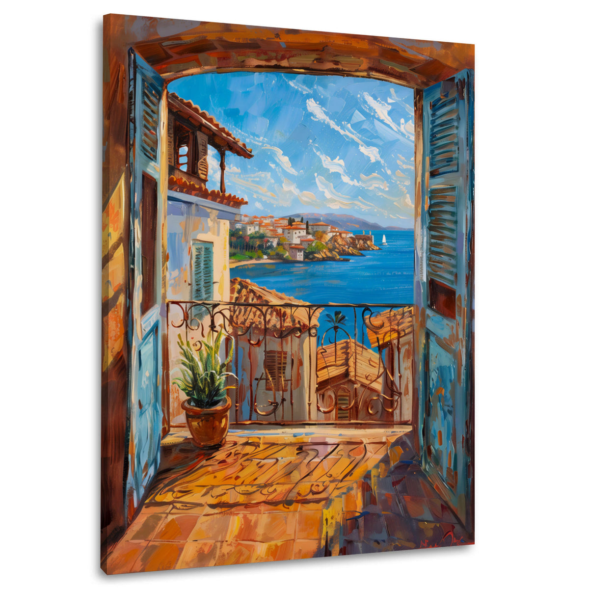 Finestra aperta con vista sul mare e sul borgo quadro