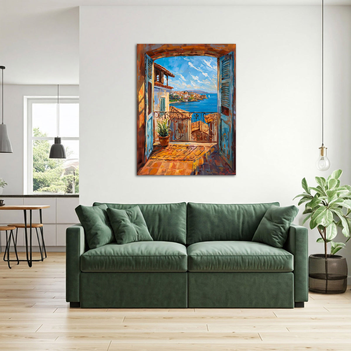 Quadro finestra vista mare e borgo ambientato