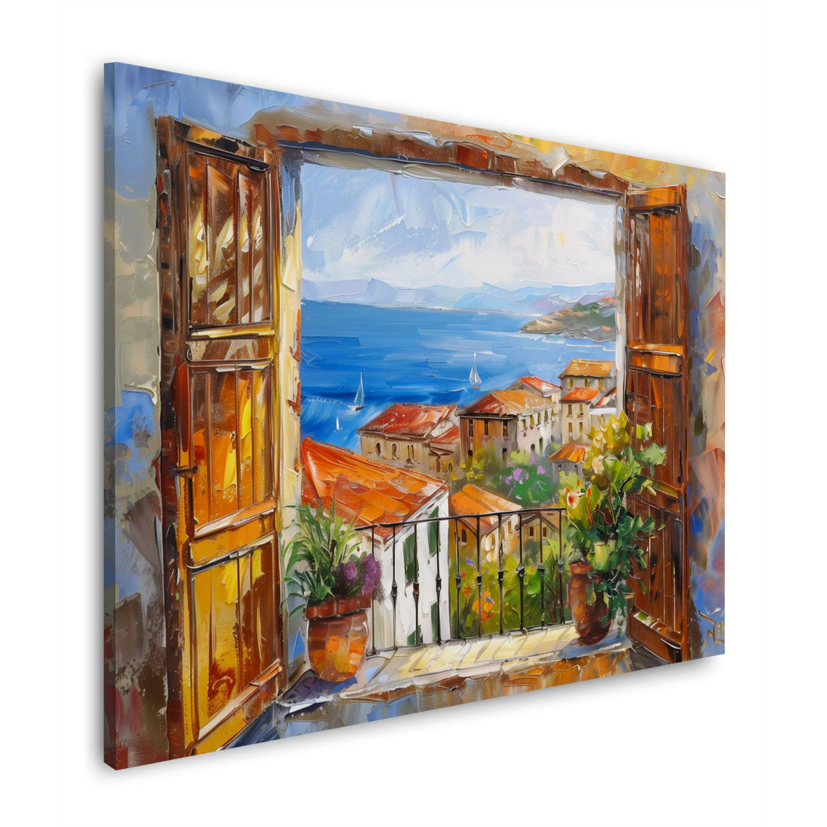 Finestra con vista sulla costa e sui tetti rossi quadro