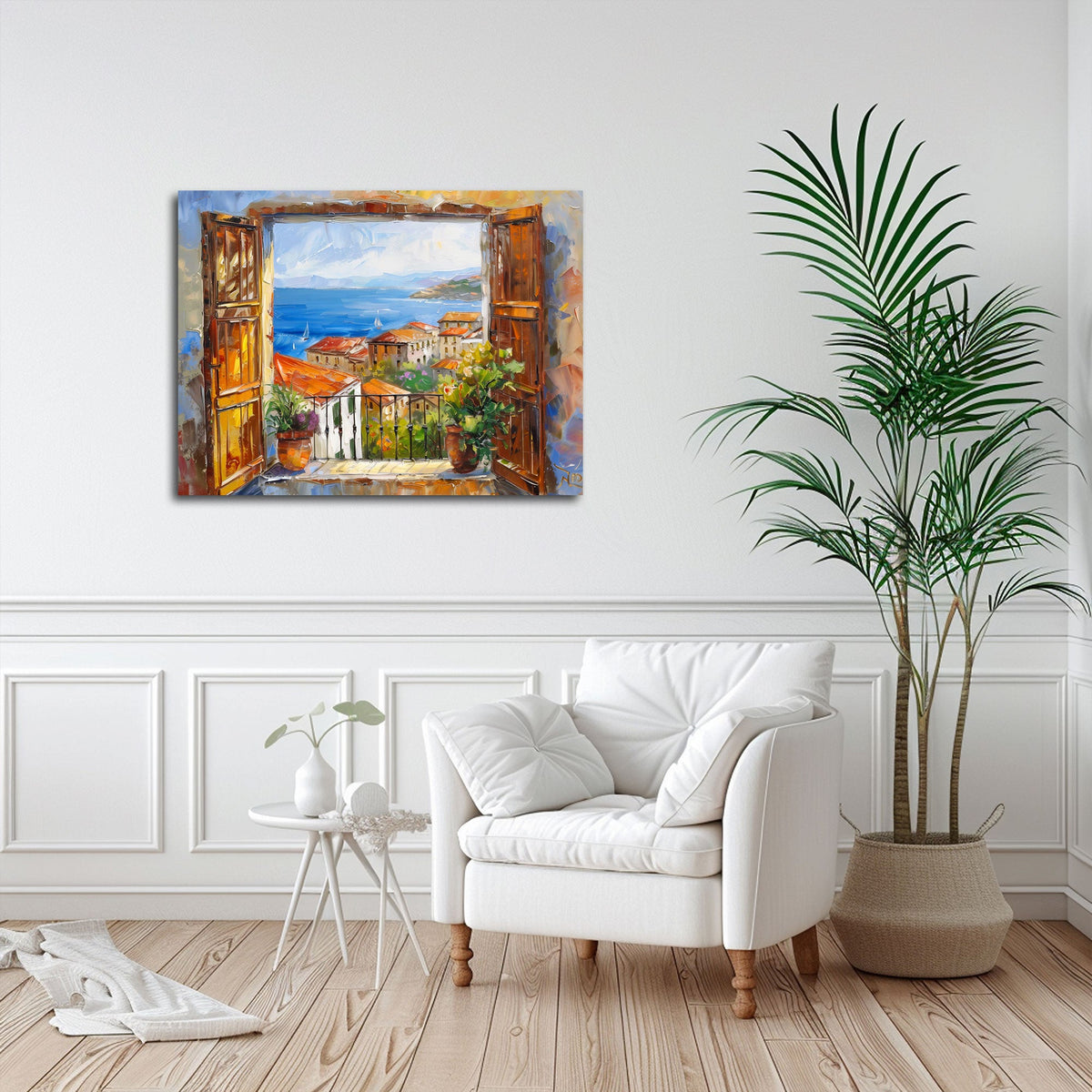 Quadro finestra costa e tetti rossi ambientato