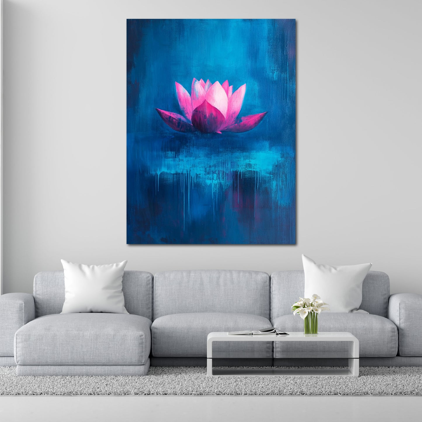 Fiore di loto rosa sfondo blu arte meditativa quadro