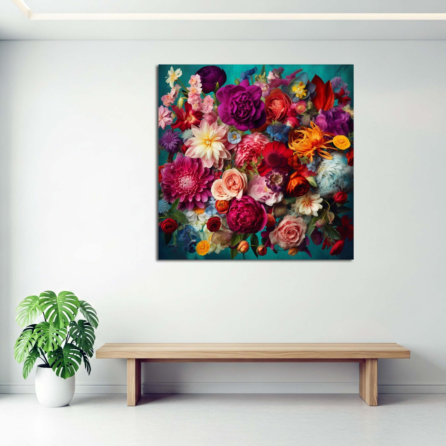 Fiori bouquet colorati rose peonie sfondo turchese quadro