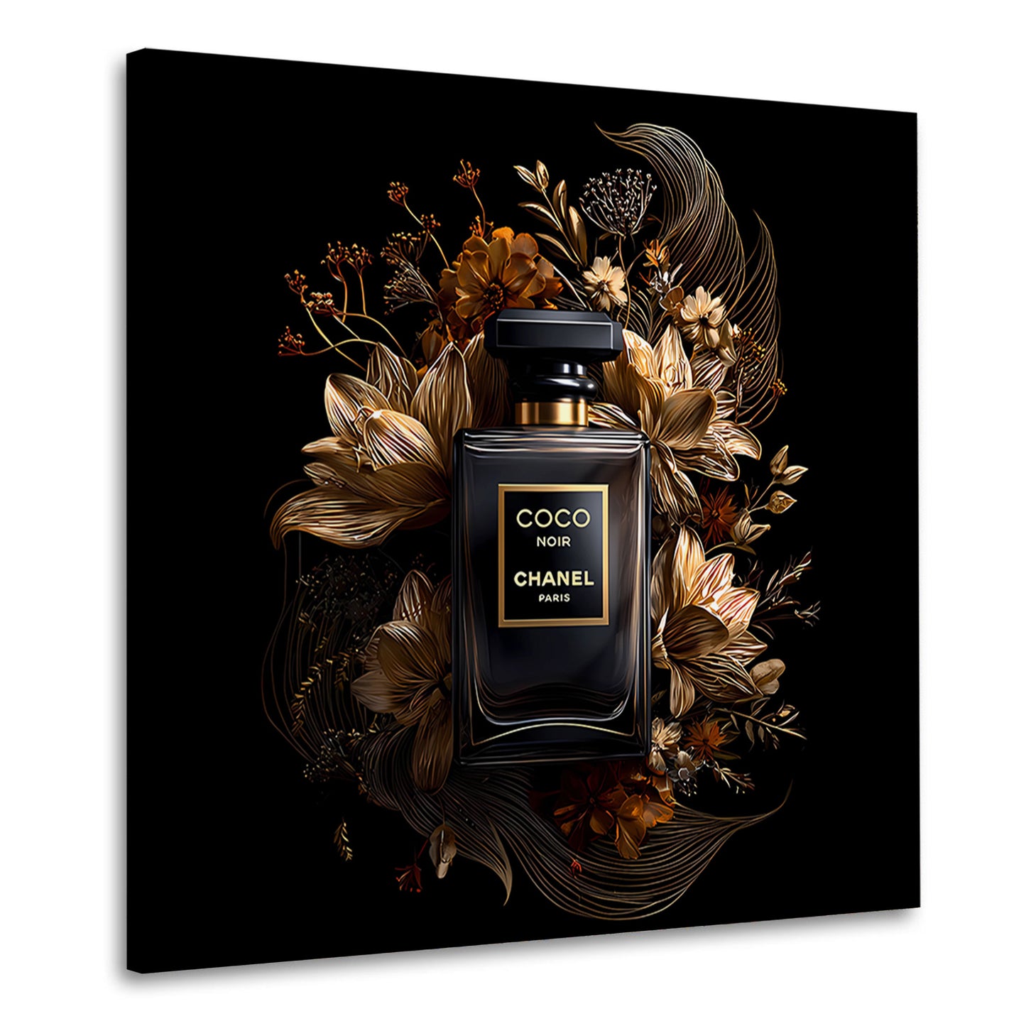 Flacone profumo nero oro fiori eleganza quadro