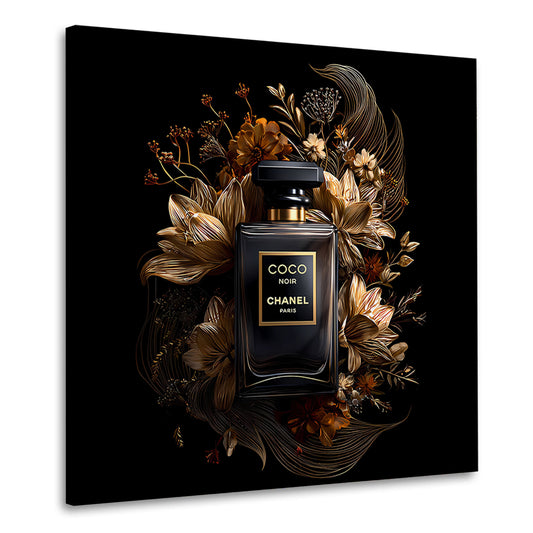 Flacone profumo nero oro fiori eleganza quadro