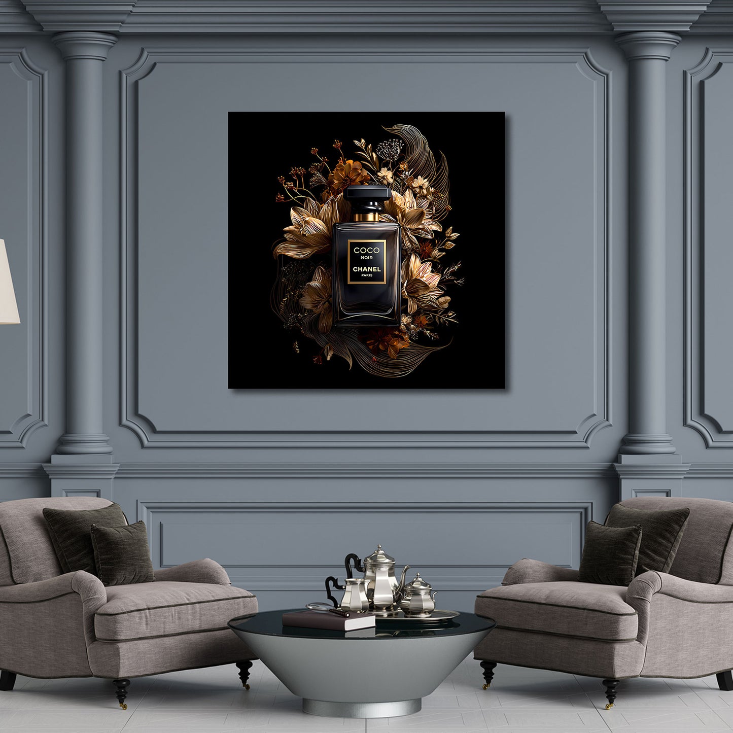 Flacone profumo nero oro fiori eleganza quadro