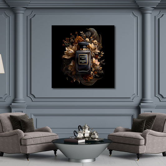 Flacone profumo nero oro fiori eleganza quadro