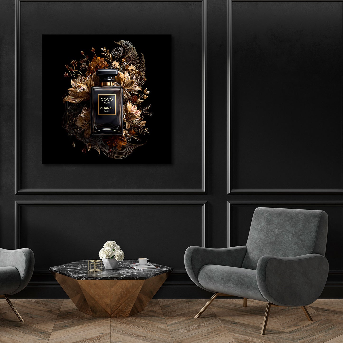 Flacone profumo nero oro fiori eleganza quadro