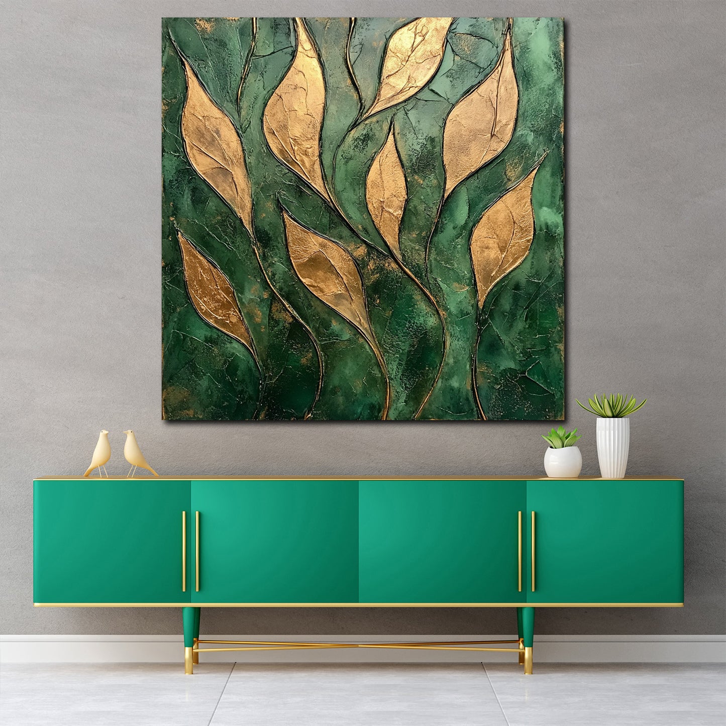 Foglie dorate in rilievo sfondo verde quadro