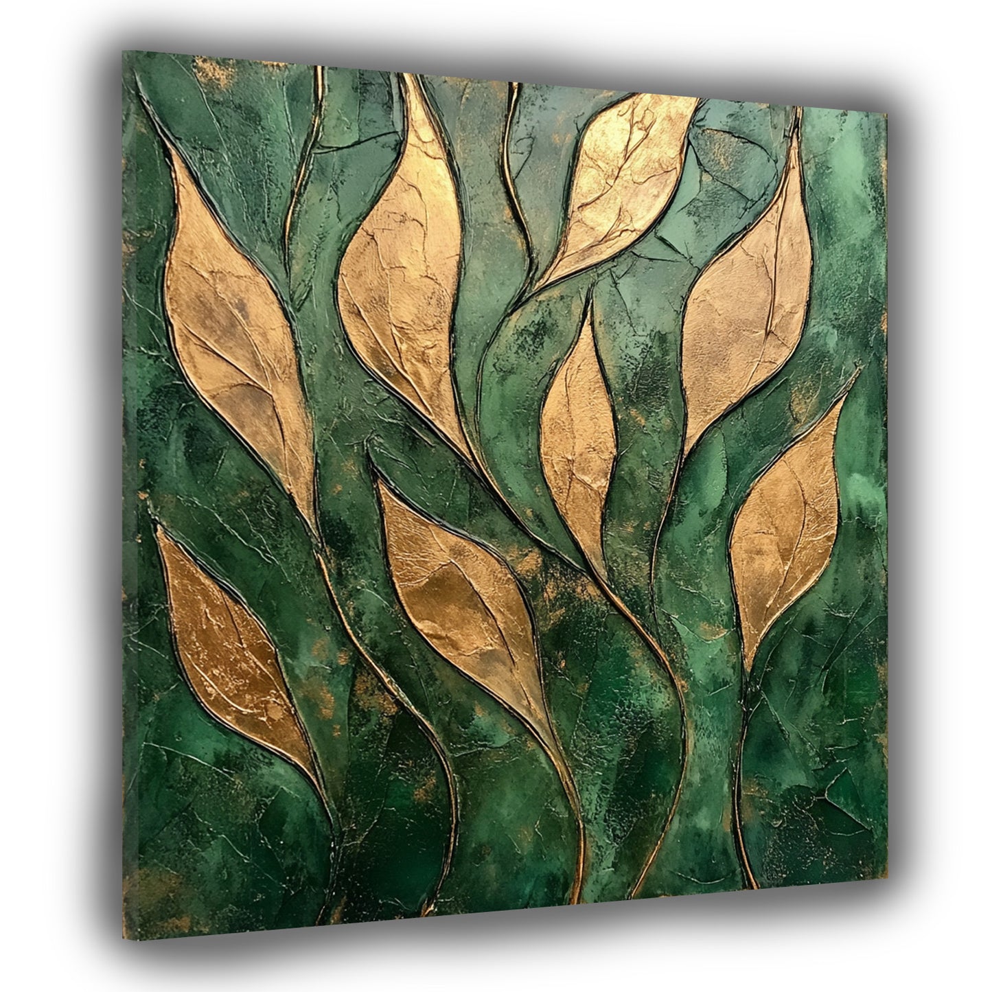 Foglie dorate in rilievo sfondo verde quadro