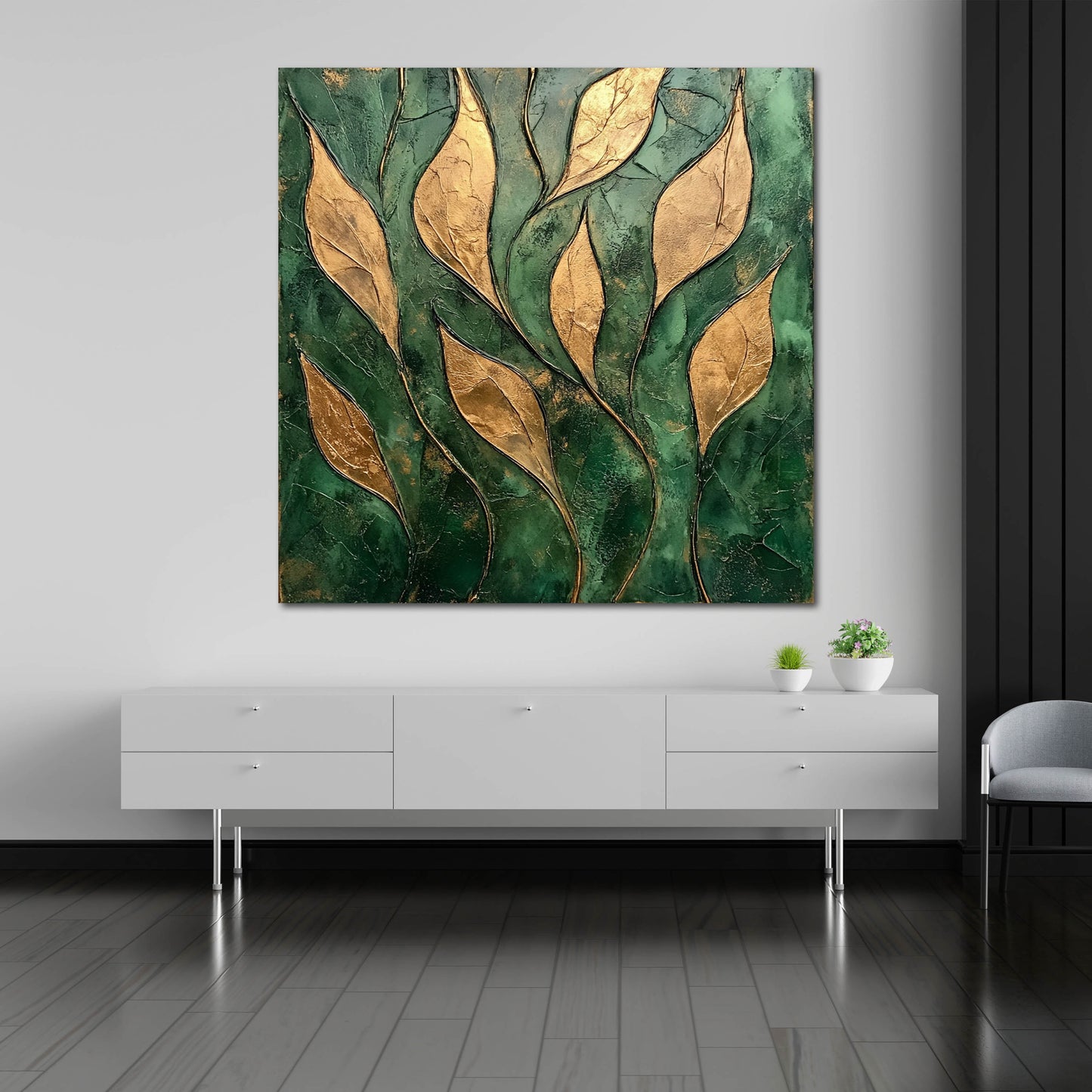 Foglie dorate in rilievo sfondo verde quadro