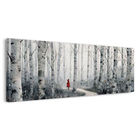 Foresta di betulle panorama sentiero nel bosco mantello rosso quadro