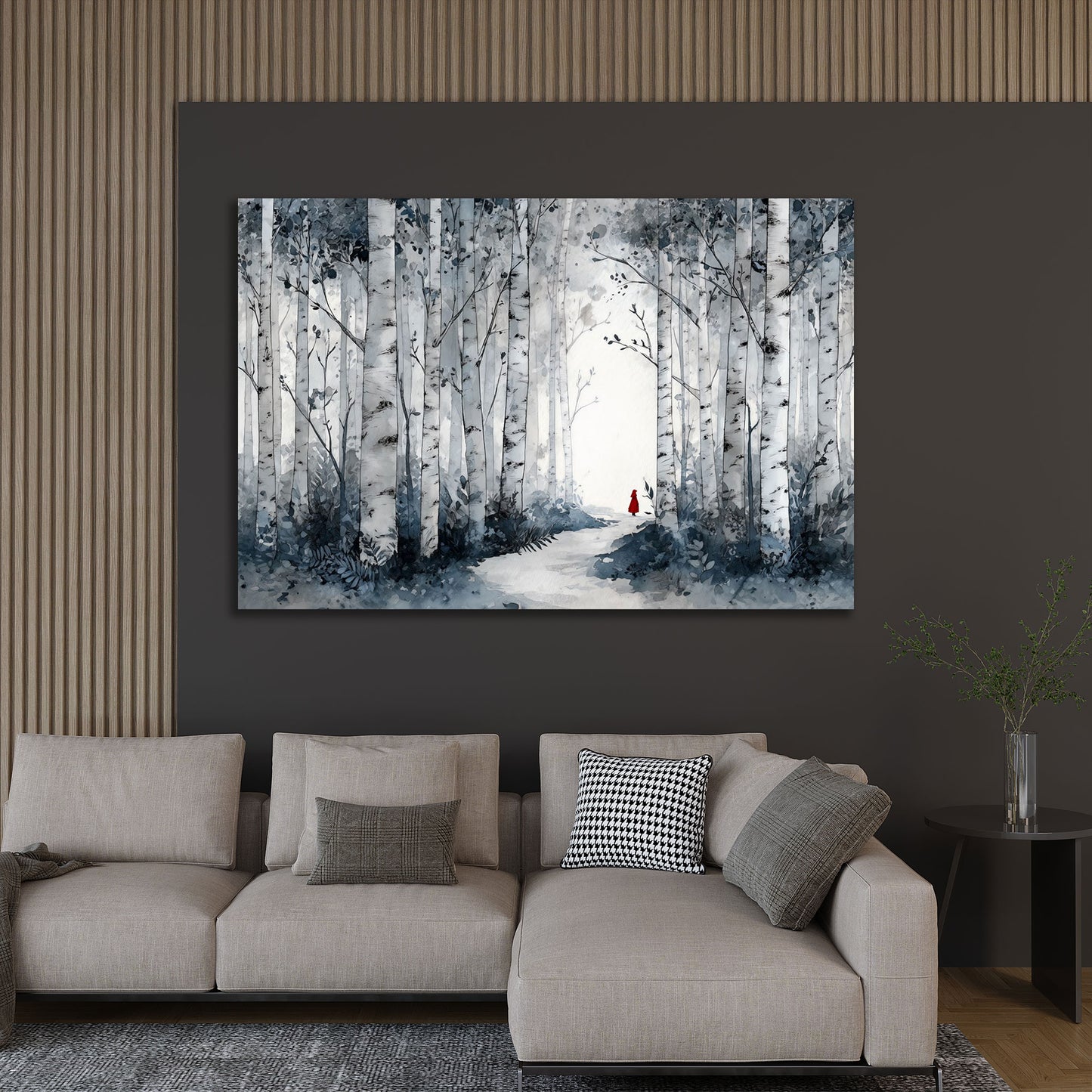 Foresta di betulle sentiero nel bosco figura con mantello rosso quadro