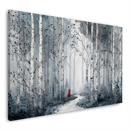 Foresta di betulle sentiero nel bosco figura con mantello rosso quadro