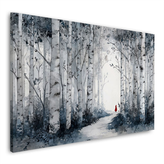 Foresta di betulle sentiero nel bosco figura con mantello rosso quadro