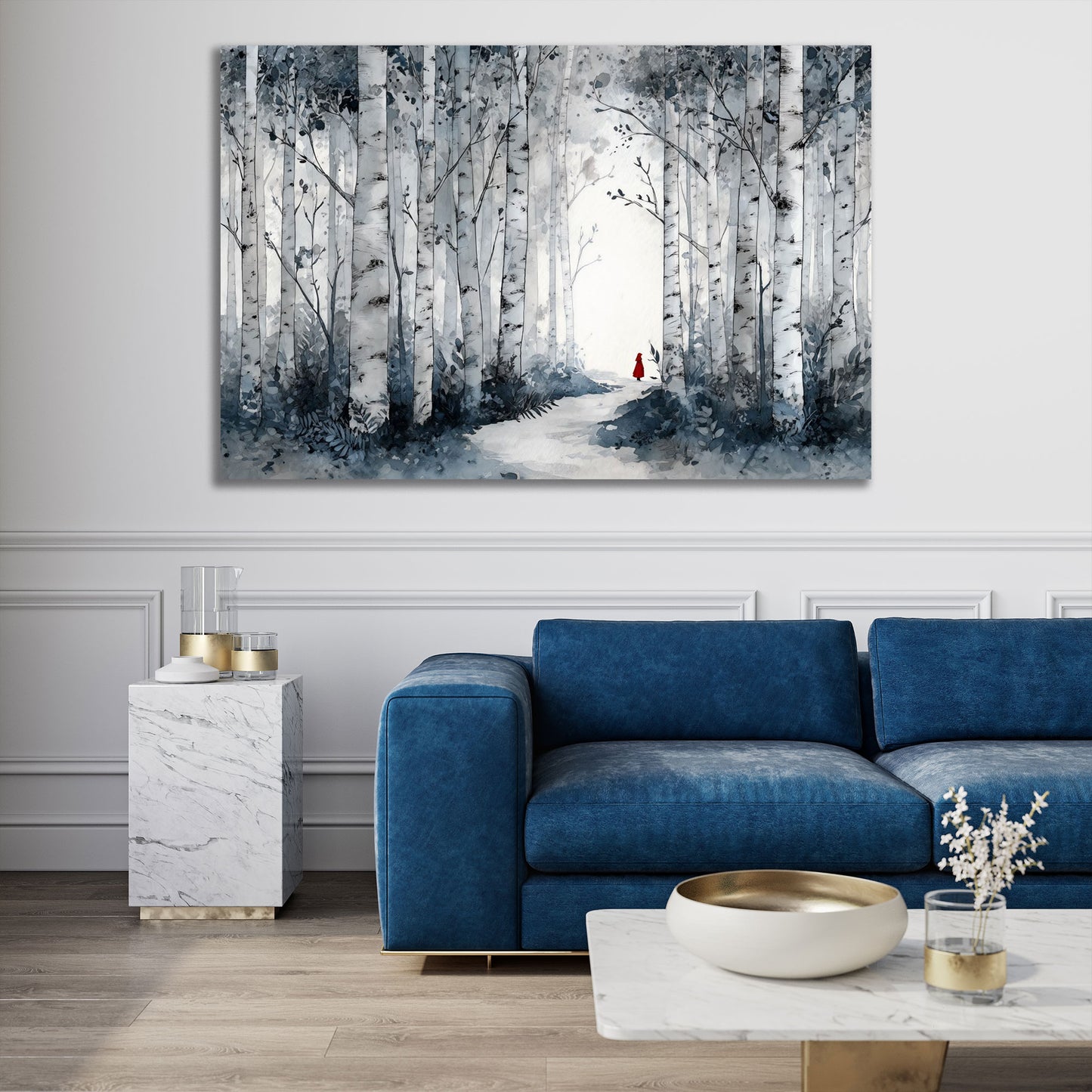 Foresta di betulle sentiero nel bosco figura con mantello rosso quadro