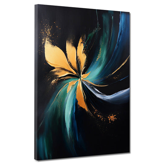 Forma astratta oro turchese effetto dinamico su sfondo scuro quadro