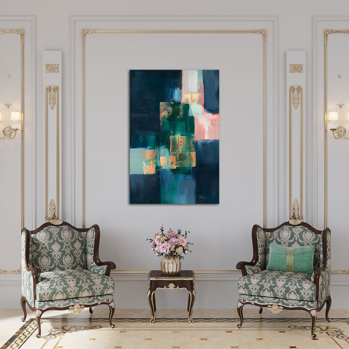Quadro astratto verde petrolio e oro in soggiorno