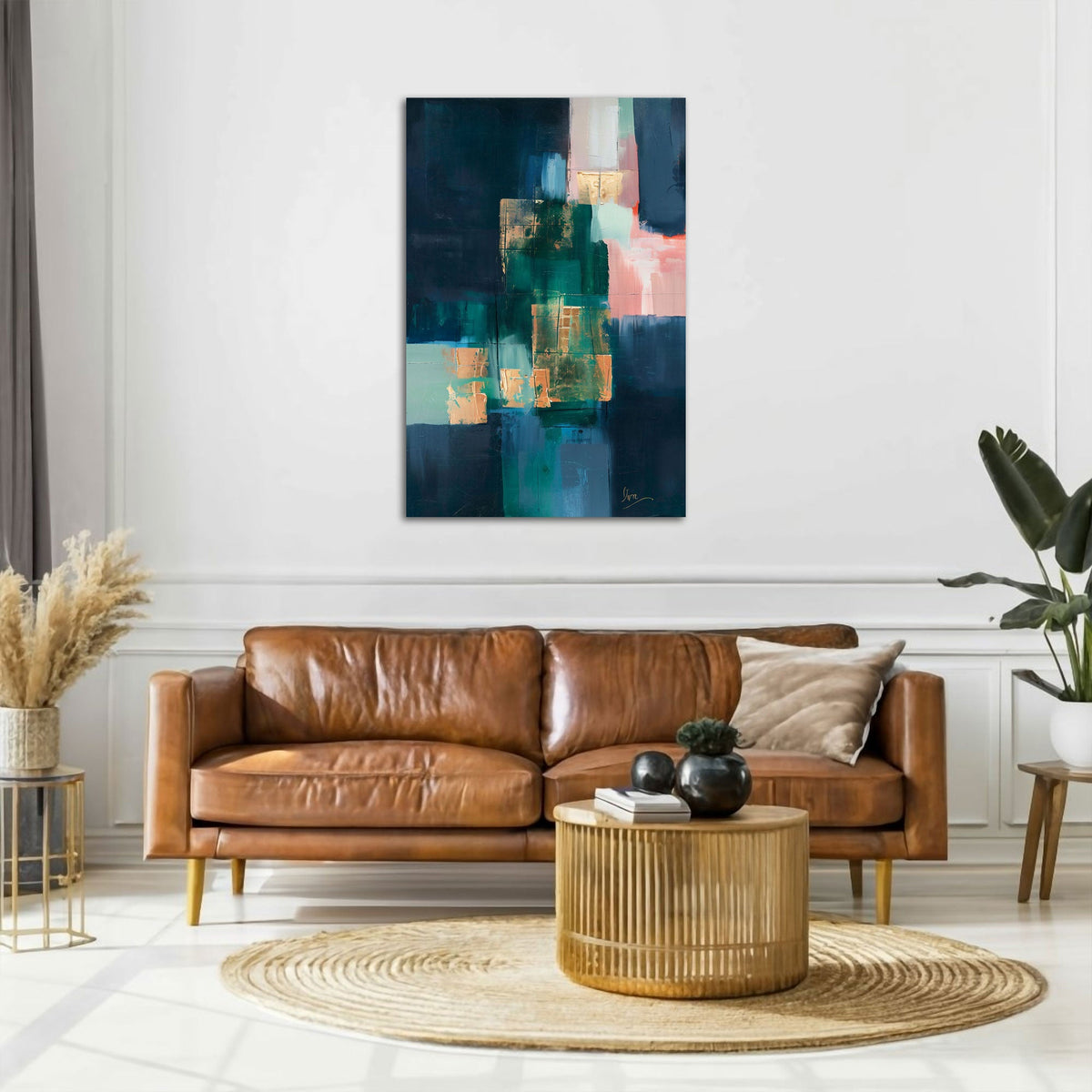 Quadro astratto verde petrolio e oro ambientato