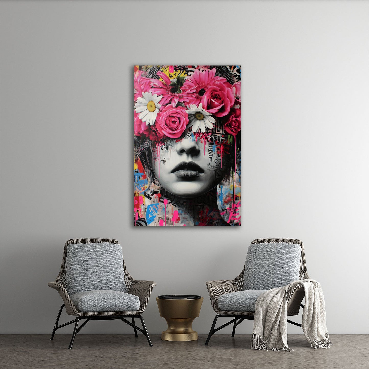 Donna con corona di fiori e Street Art quadro
