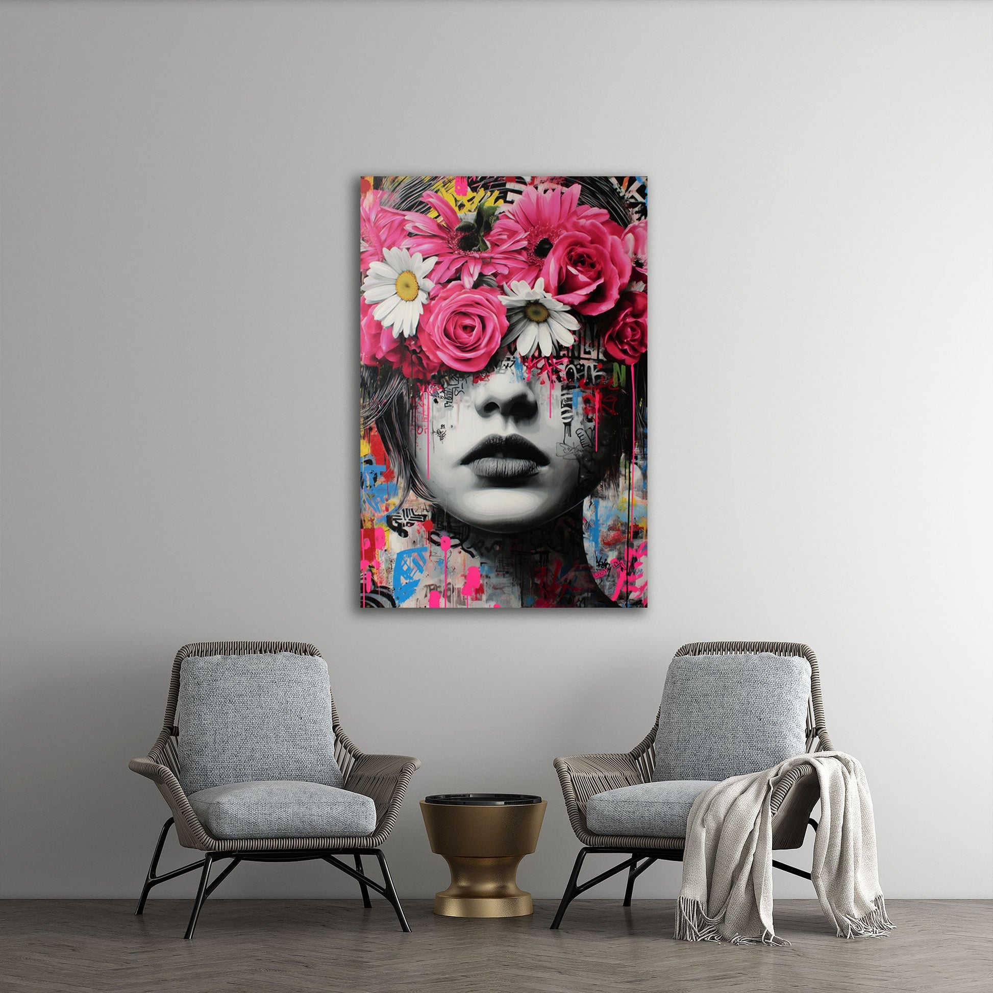 Donna con corona di fiori e Street Art quadro