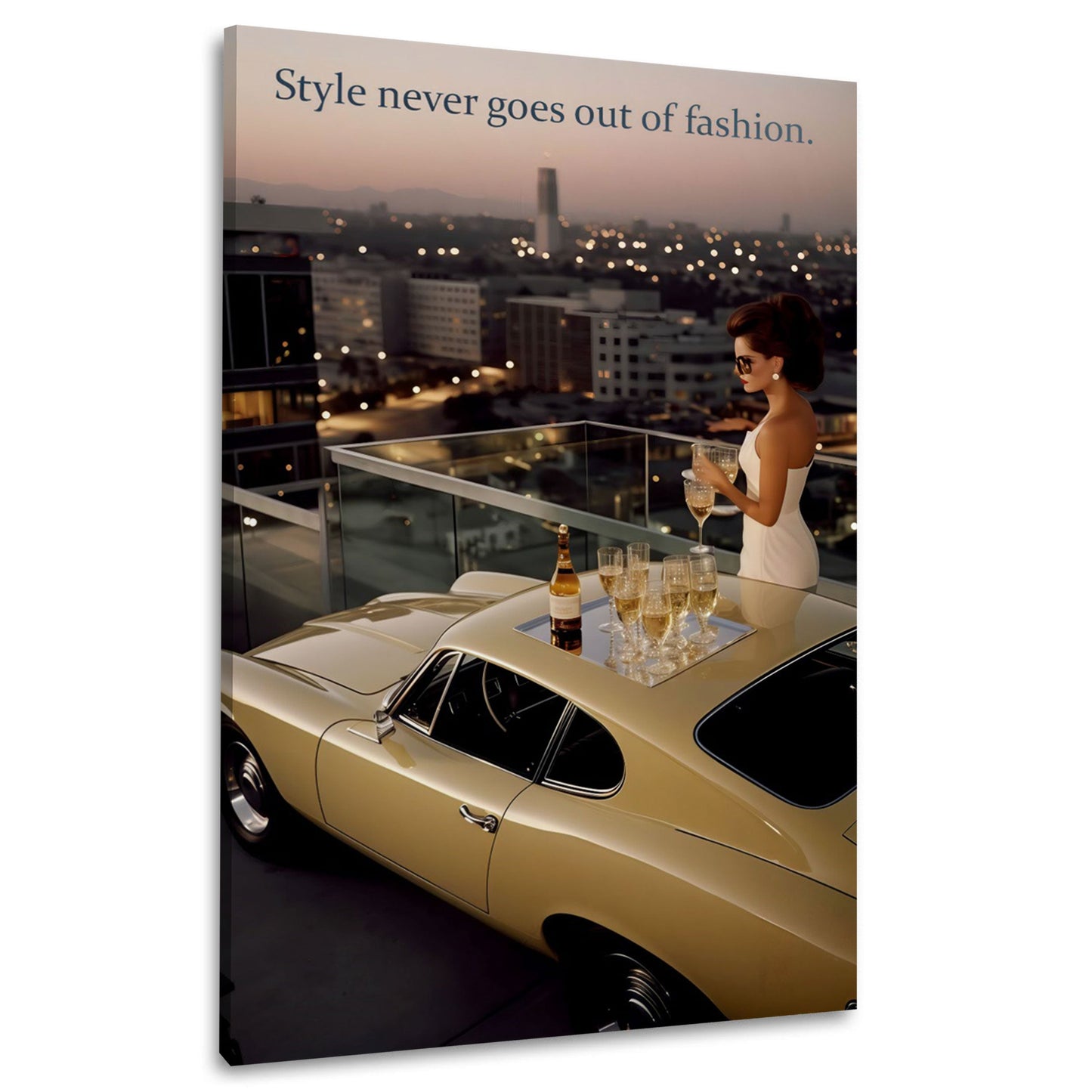Donna con auto d'epoca e champagne lifestyle di lusso quadro