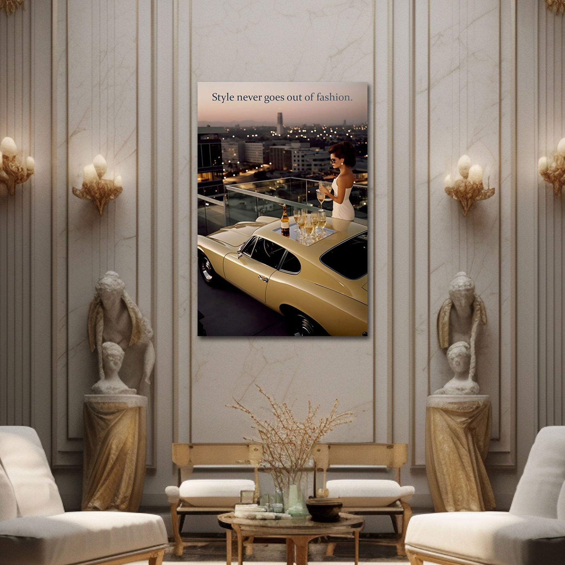 Donna con auto d'epoca e champagne lifestyle di lusso quadro