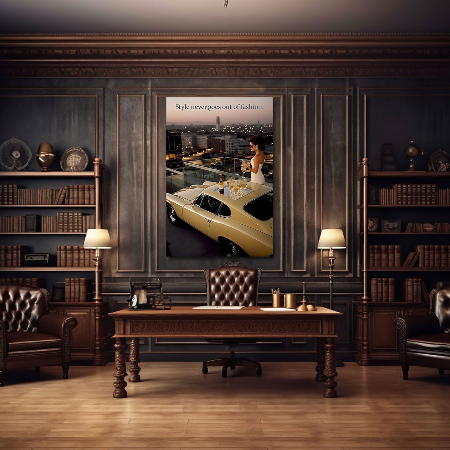 Donna con auto d'epoca e champagne lifestyle di lusso quadro