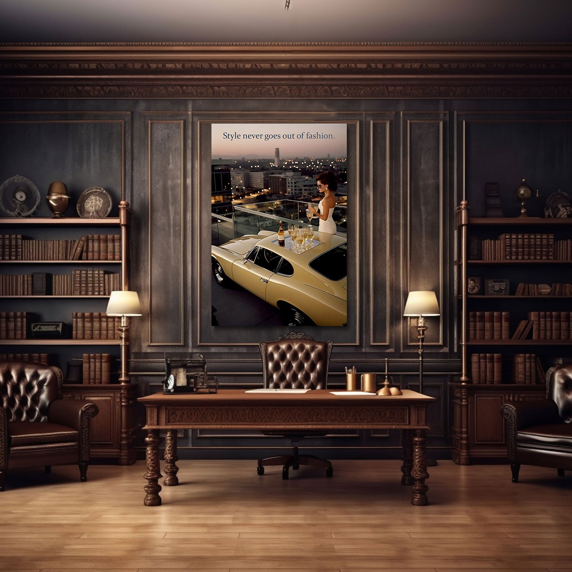 Donna con auto d'epoca e champagne lifestyle di lusso quadro