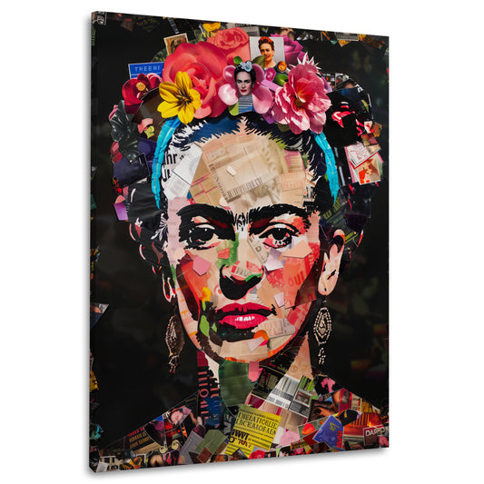 Frida con corona di fiori in collage colorato quadro