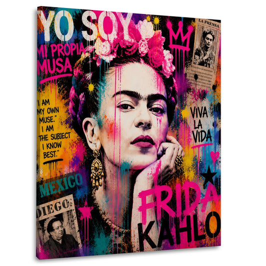 Frida con corona di fiori in collage Street Art colorato quadro