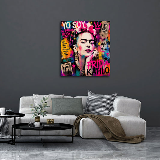 Frida con corona di fiori in collage Street Art colorato quadro