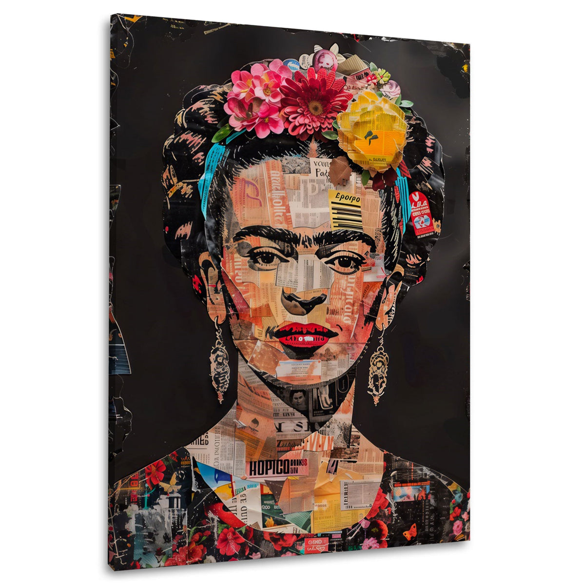 Frida con fiori su sfondo scuro in stile collage quadro