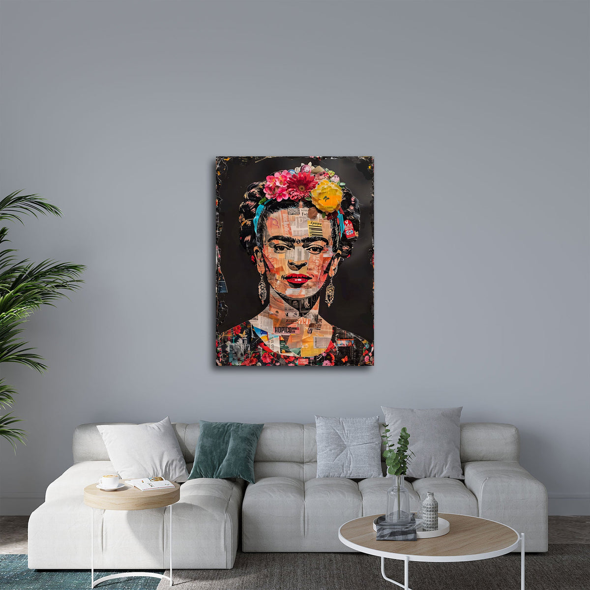 Quadro Frida fiori sfondo scuro in soggiorno