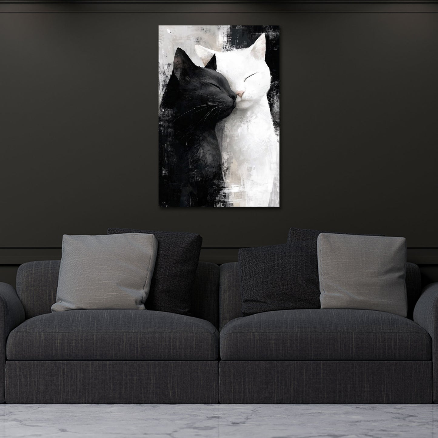 Gatti innamorati bianco e nero in dolce abbraccio quadro