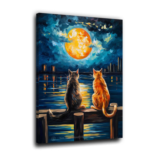 Gatti romantici luna piena lago notturno quadro