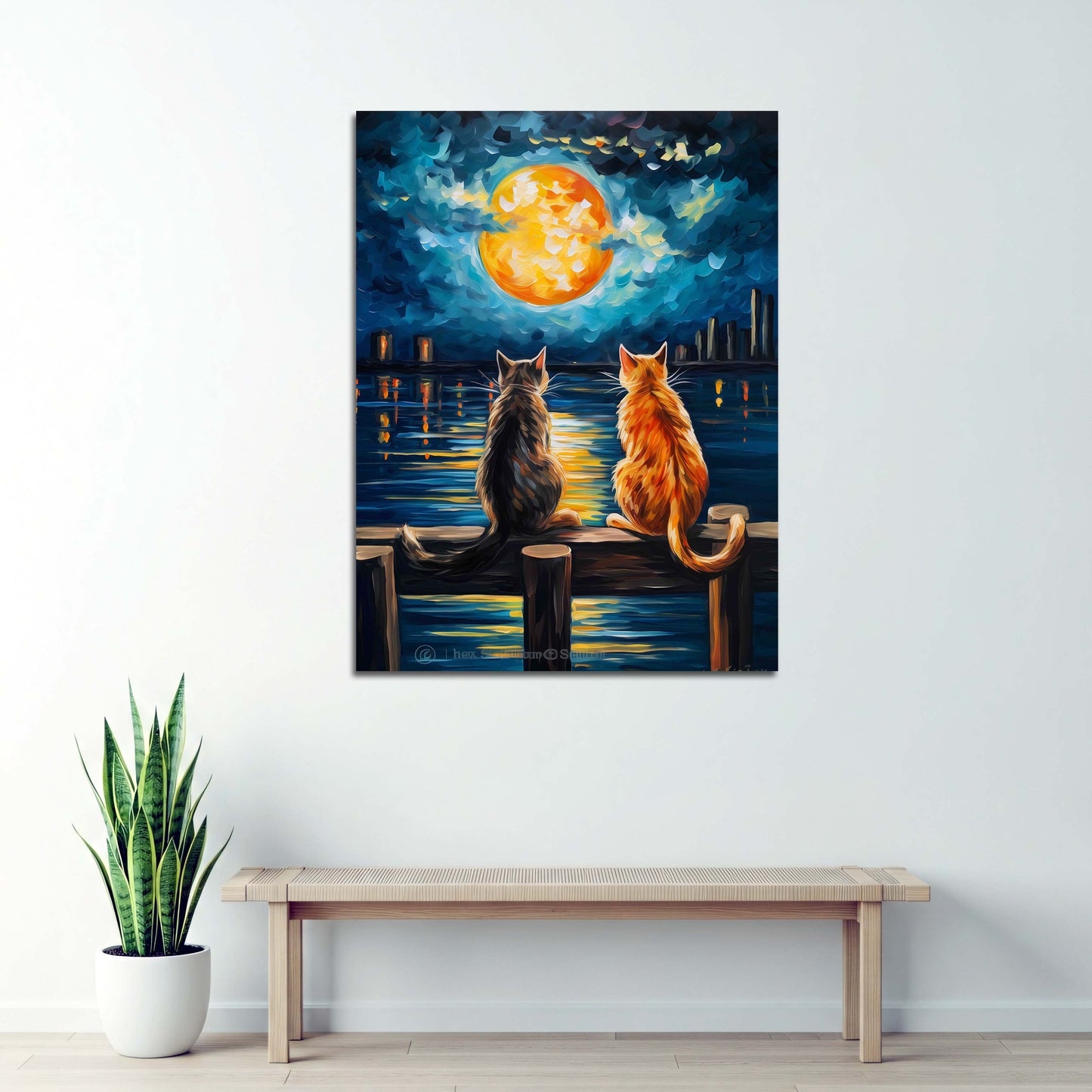 Gatti romantici luna piena lago notturno quadro