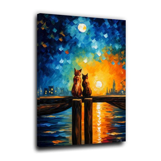 Gatti romantici tramonto sul mare città quadro