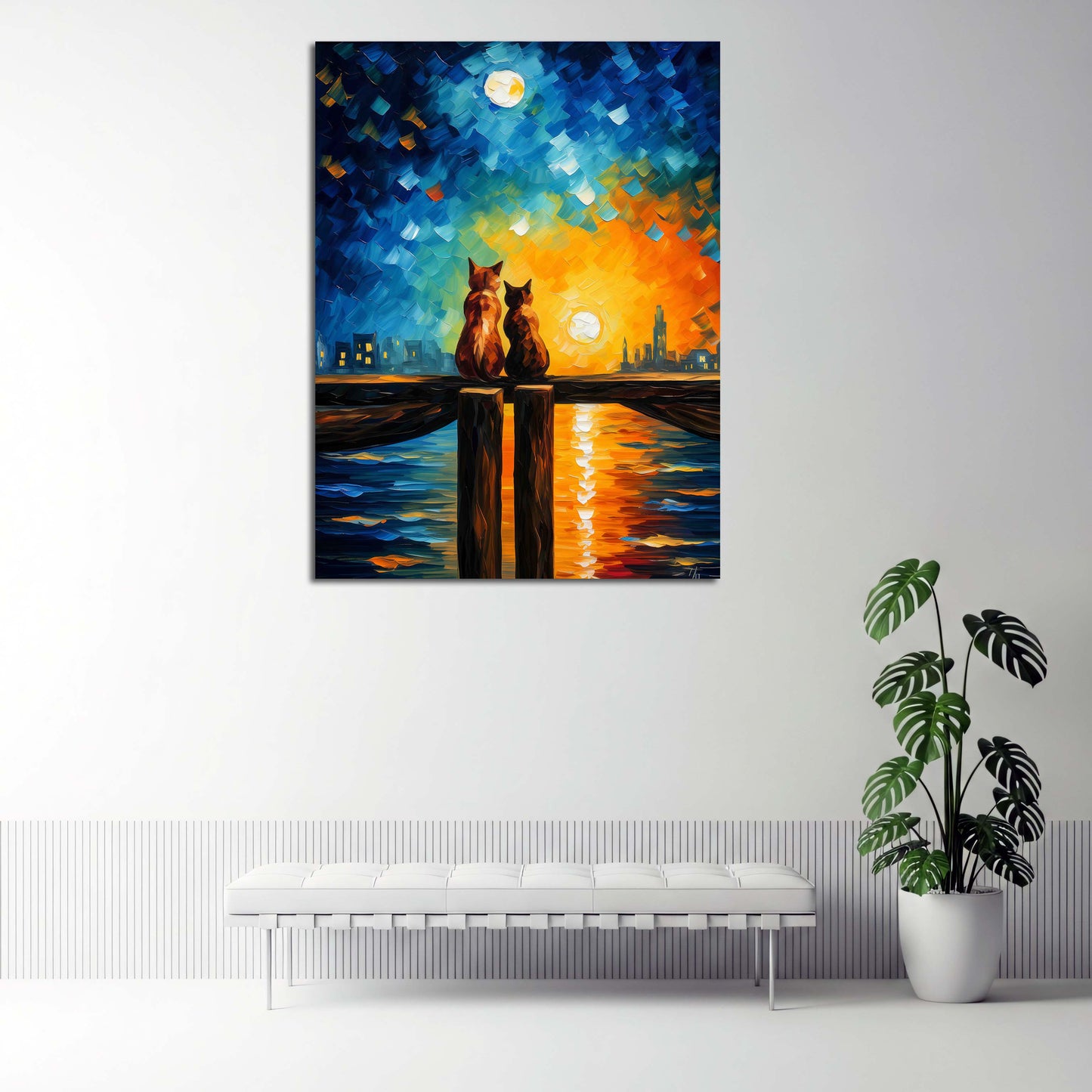 Gatti romantici tramonto sul mare città quadro