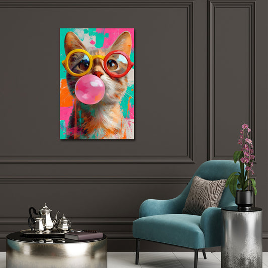 Gatto colorato Pop Art con occhiali e gomma quadro