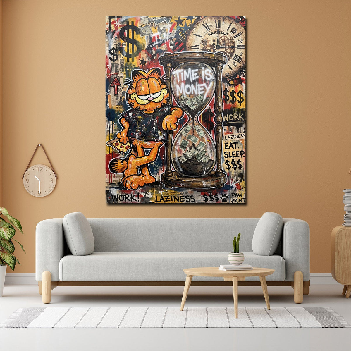 Quadro gatto con clessidra Graffiti appeso in soggiorno