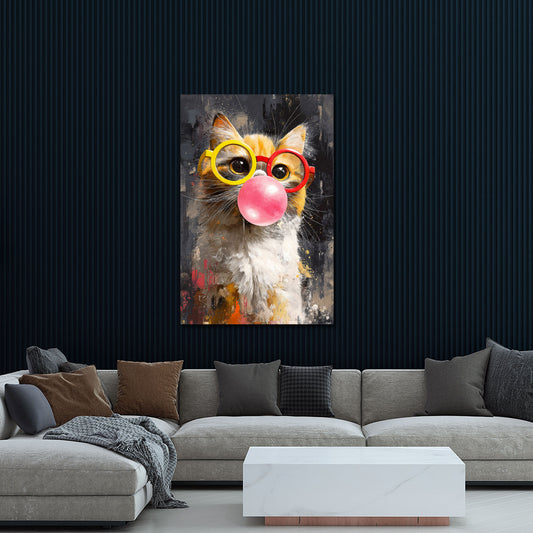 Gatto con occhiali e chewing gum pop art ritratto animale quadro