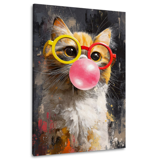 Gatto con occhiali e chewing gum pop art ritratto animale quadro