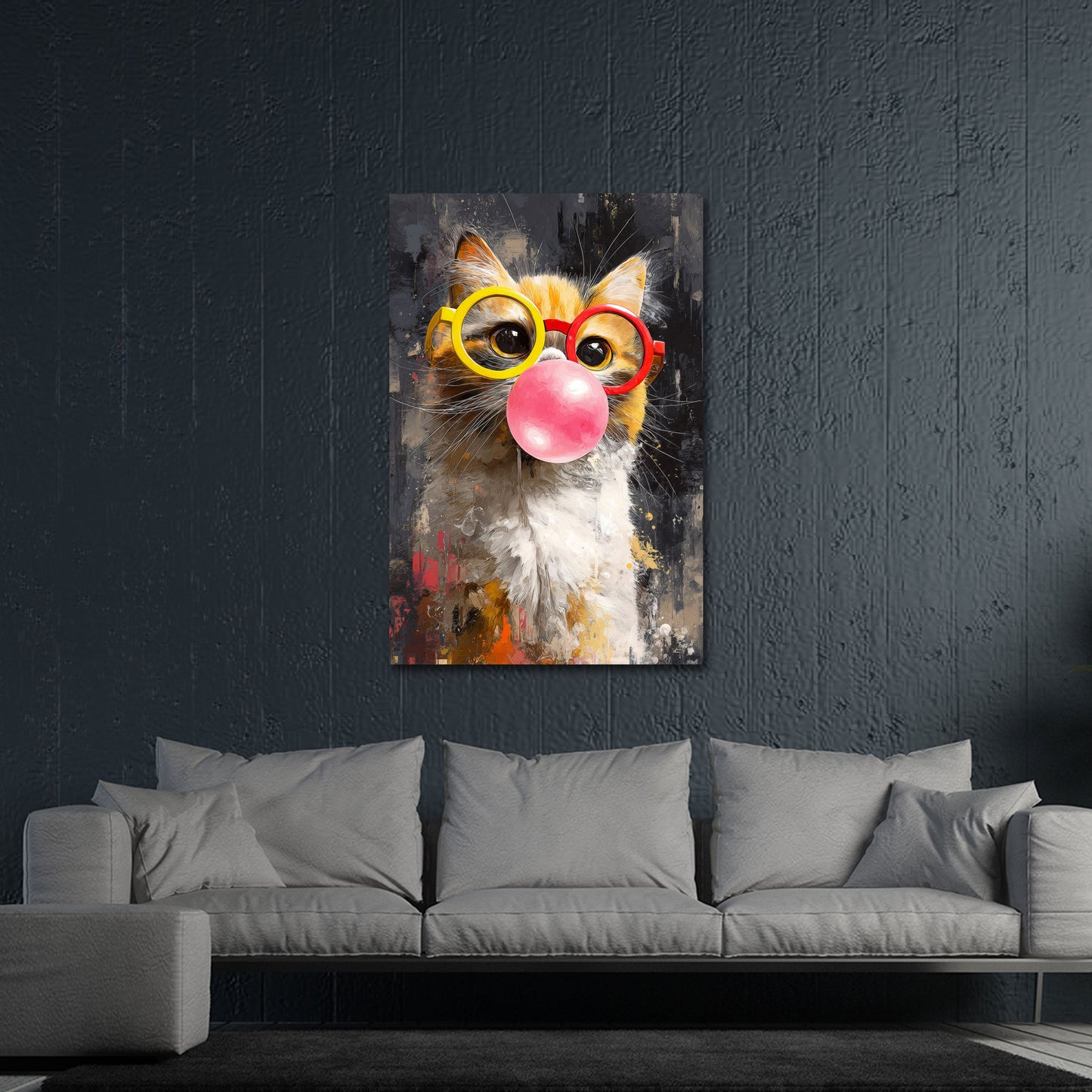Gatto con occhiali e chewing gum pop art ritratto animale quadro