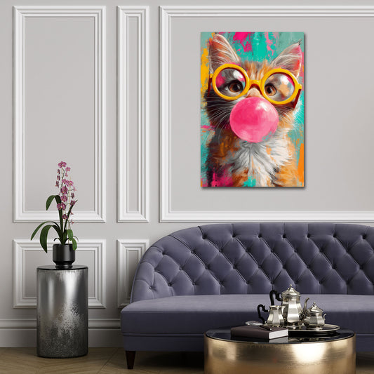Gatto con occhiali gialli e gomma da masticare Pop Art quadro