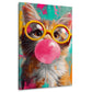 Gatto con occhiali gialli e gomma da masticare Pop Art quadro